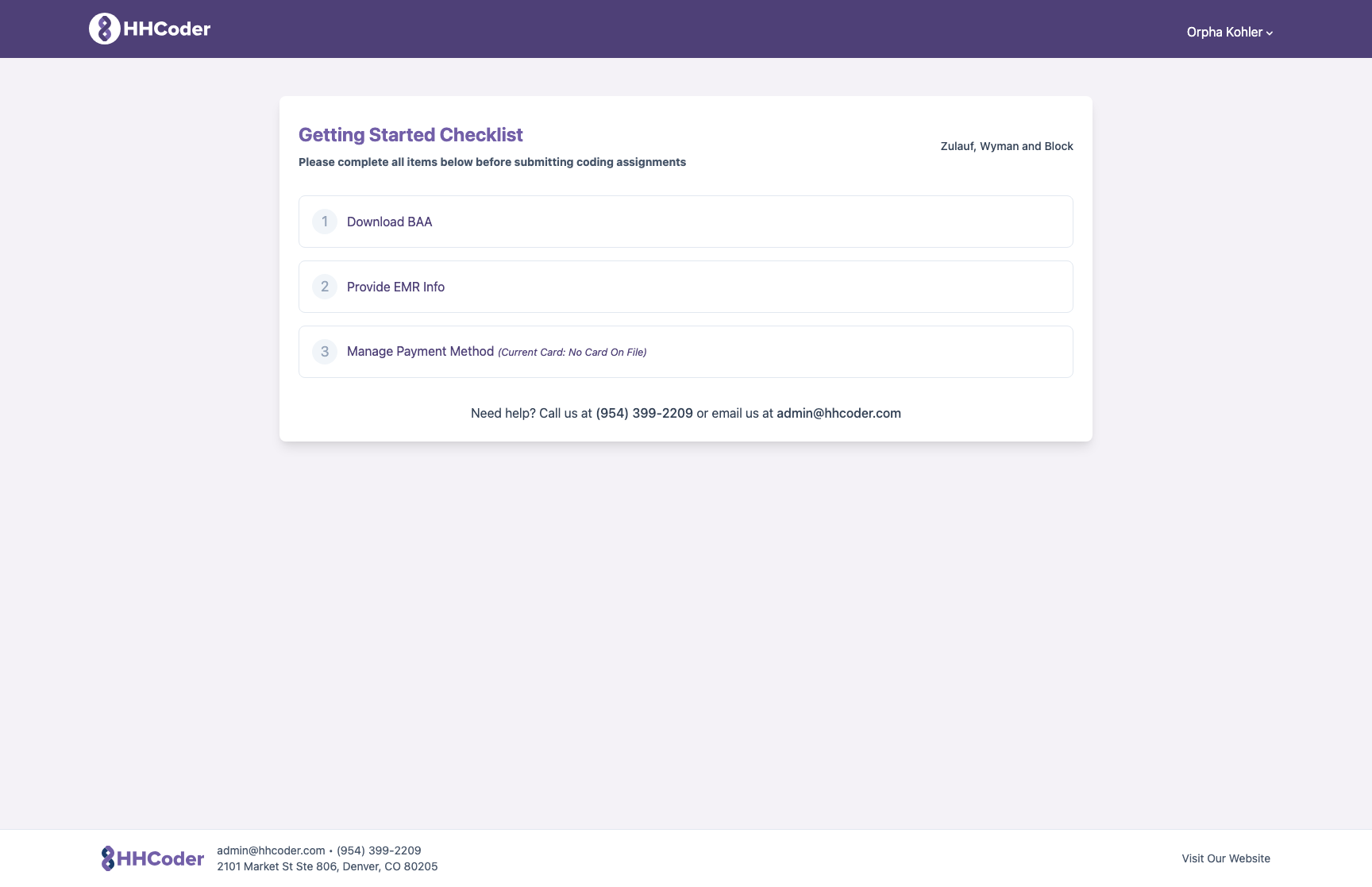 Getting Started Checklist with three required items: Download BAA, Provide EMR Info, and Manage Payment Method