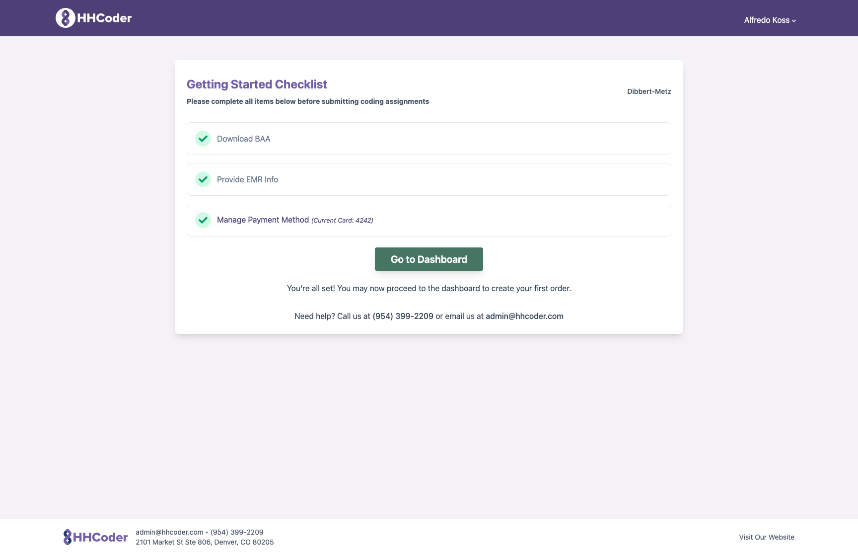 Completed Getting Started Checklist with all three items checked and Go to Dashboard button visible