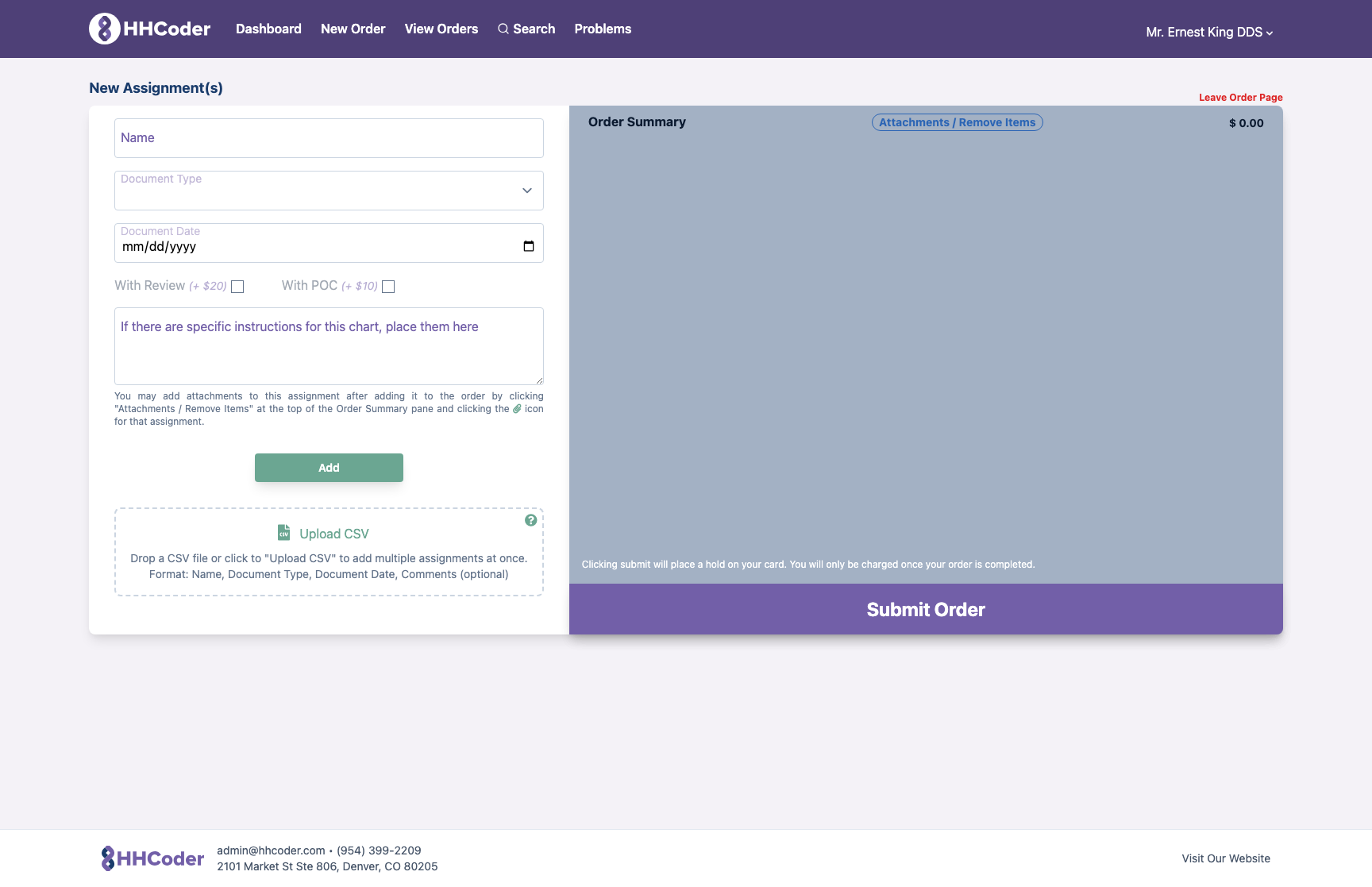 New order form showing Name, Document Type, Document Date fields, and the Order Summary sidebar