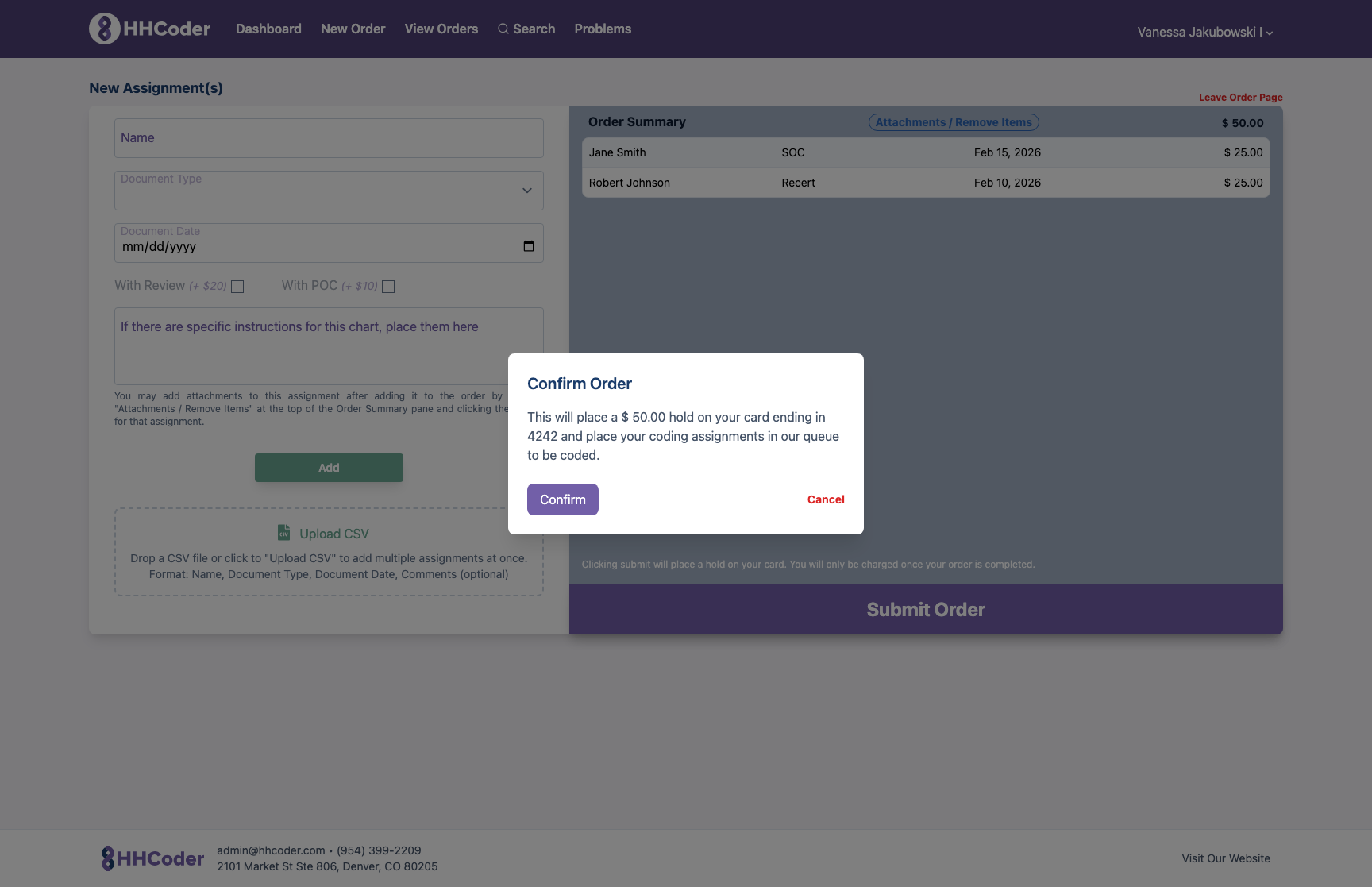 Order submission confirmation dialog showing hold amount and card details